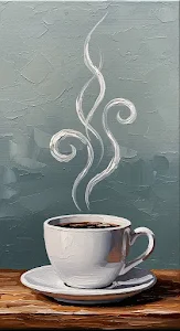 Artistic Oil Painting of Steaming Coffee Cup on Saucer