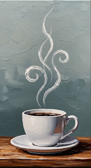 Artistic Oil Painting of Steaming Coffee Cup on Saucer - Free mobile Wallpaper