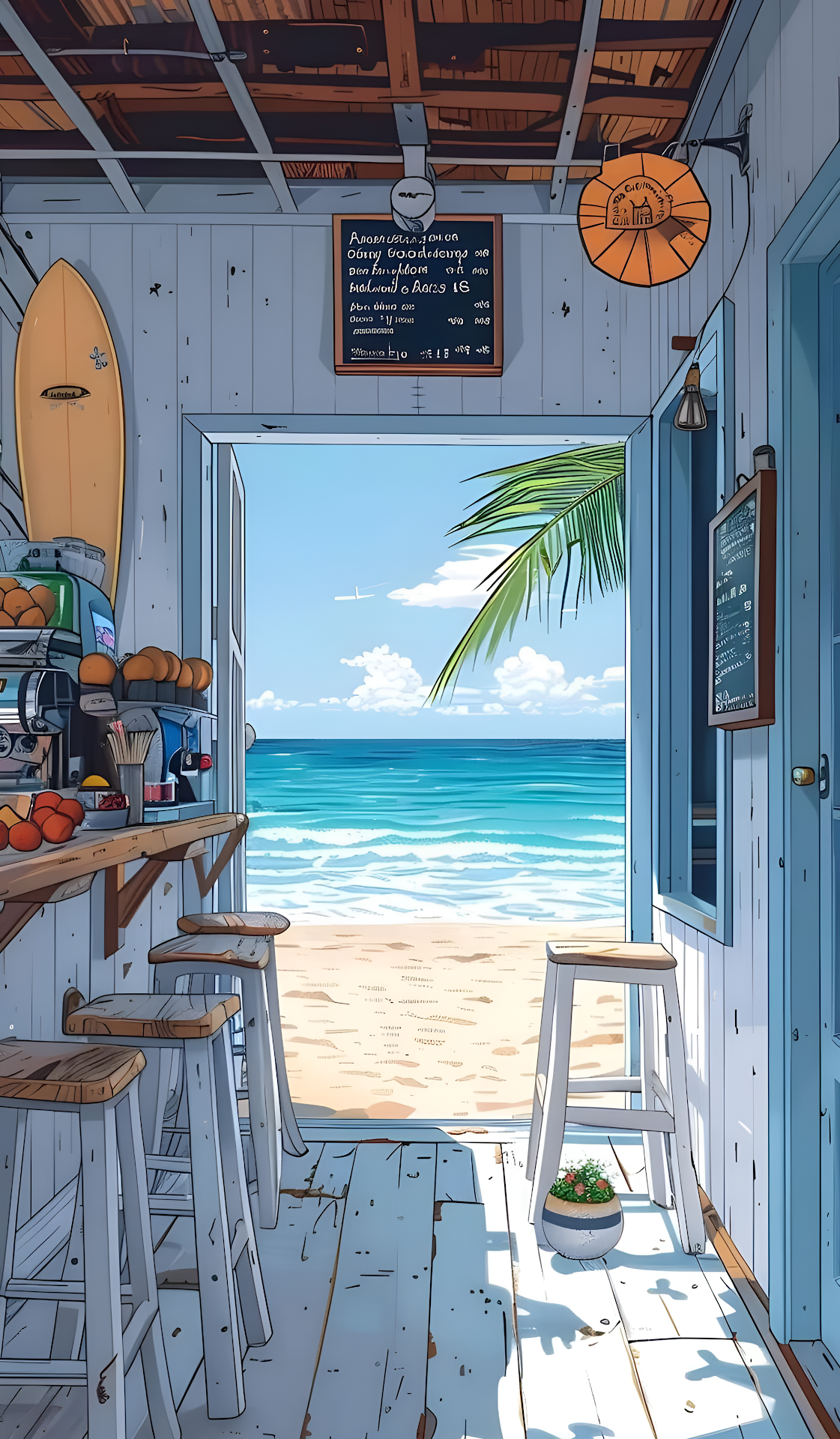 Cozy Beach Cafe View Anime Illustration Tropical Ocean Shack - Free 4K mobile Wallpaper