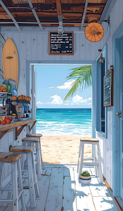 Cozy Beach Cafe View Anime Illustration Tropical Ocean Shack