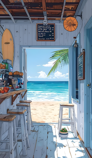 Cozy Beach Cafe View Anime Illustration Tropical Ocean Shack - Free mobile Wallpaper