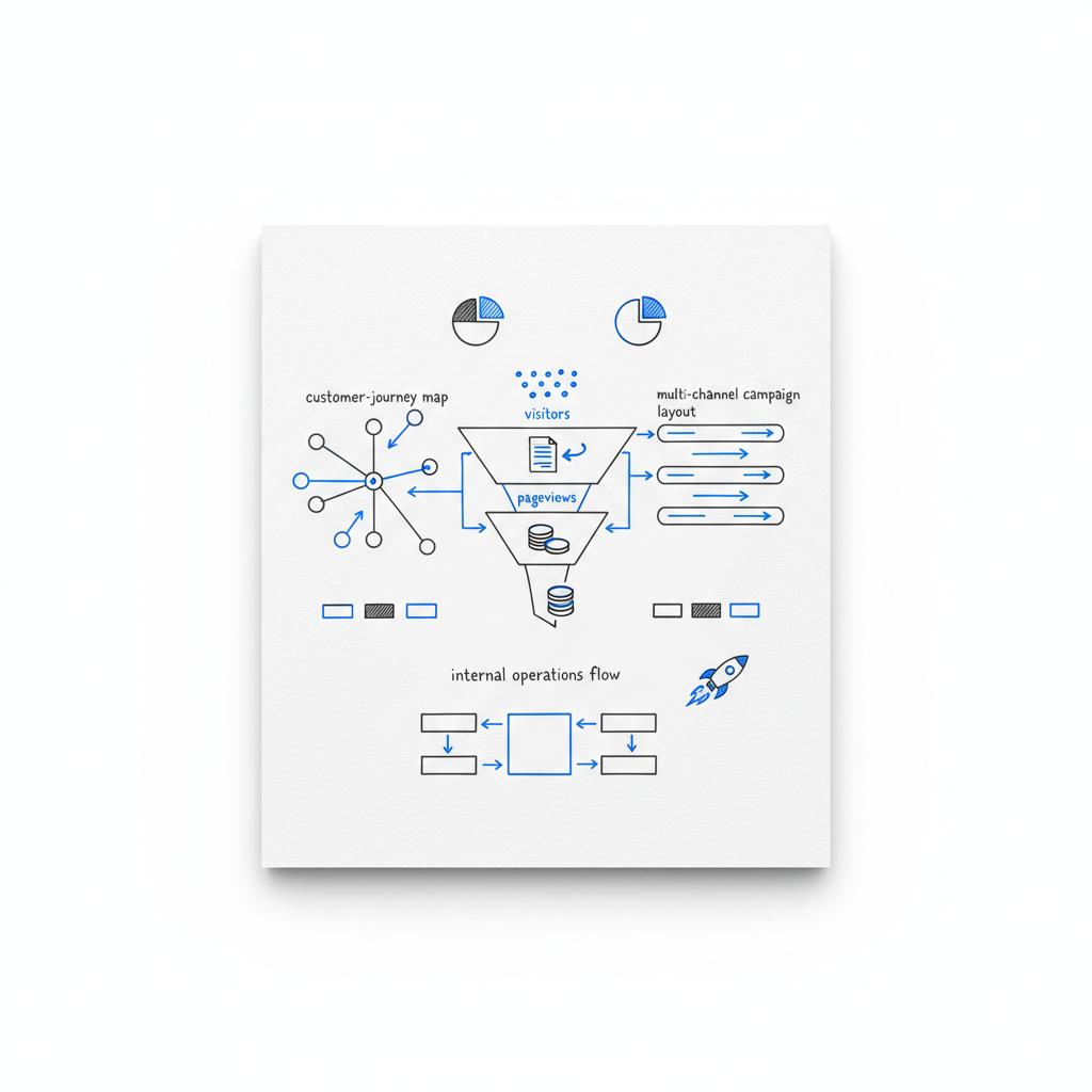 Notebook-style minimalist sketch of a visitors-to-pageviews-to-revenue funnel with ad unit and speed optimization icons, in Agency Visible colors &mdash; AdSense RPM calculator