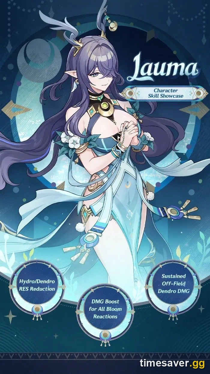 Official Lauma skill showcase card listing Hydro and Dendro RES Reduction, DMG Boost for All Bloom Reactions and Sustained Off-Field Dendro DMG