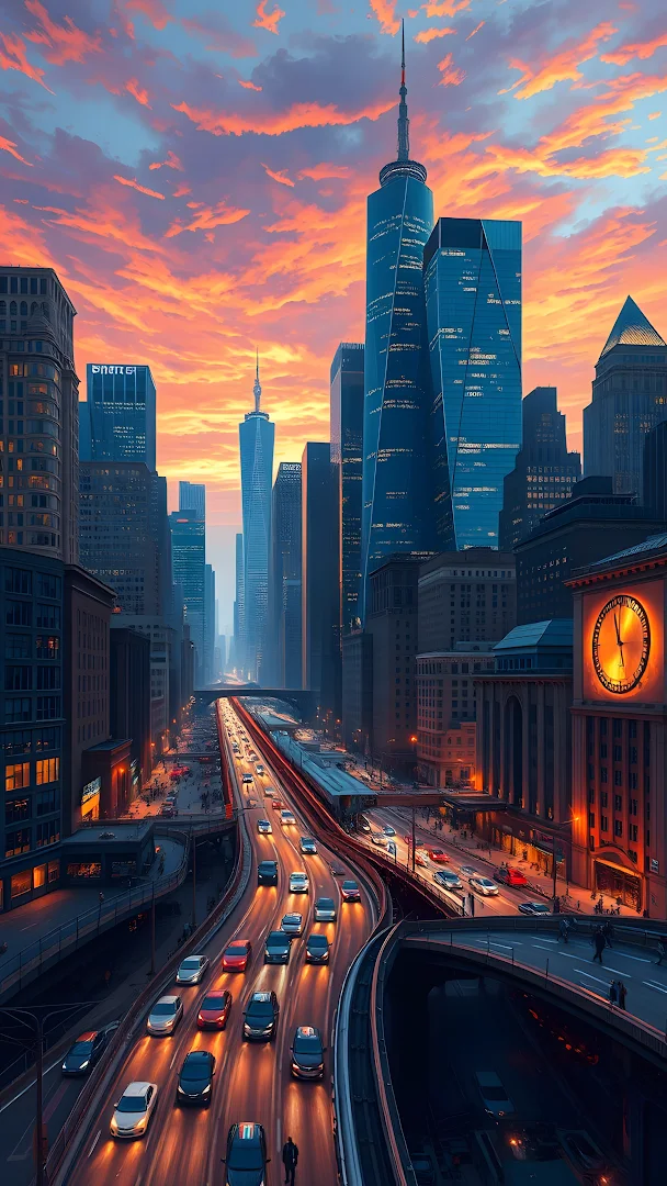 Manhattan Freeway Traffic Against Sunset Skyline