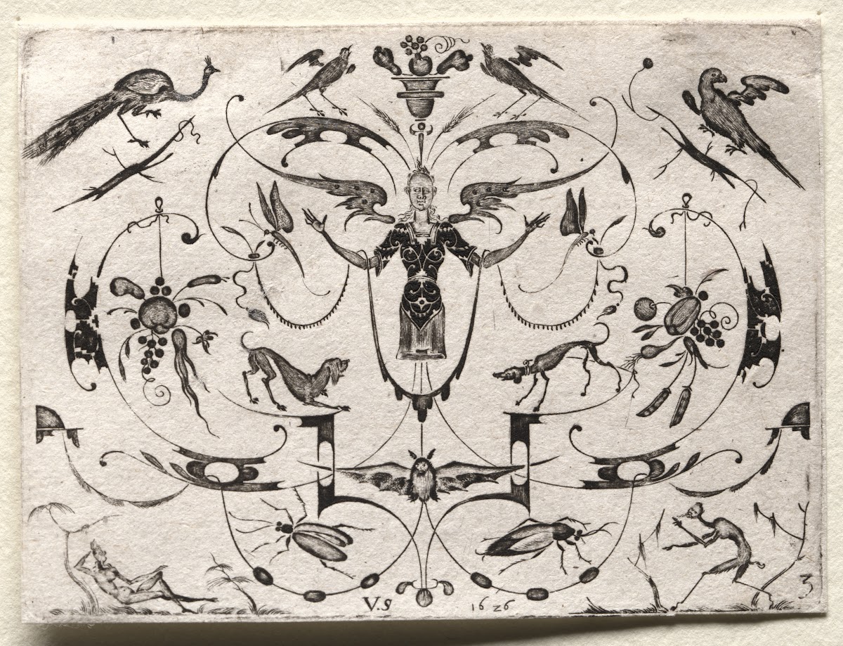 Arabesque with Peacock Parakeet Dogs and Insects 1626