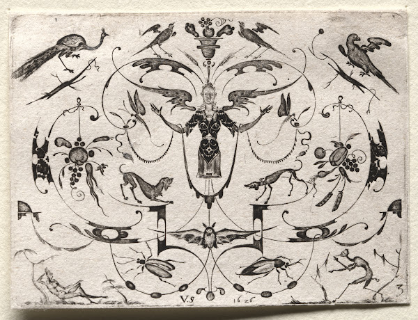 Arabesque with Peacock Parakeet Dogs and Insects 1626