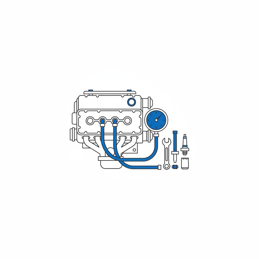 Minimalist 2D vector of a V6 engine compression test setup with visible gauge and blue hoses no hands or branding nissan 370z for sale