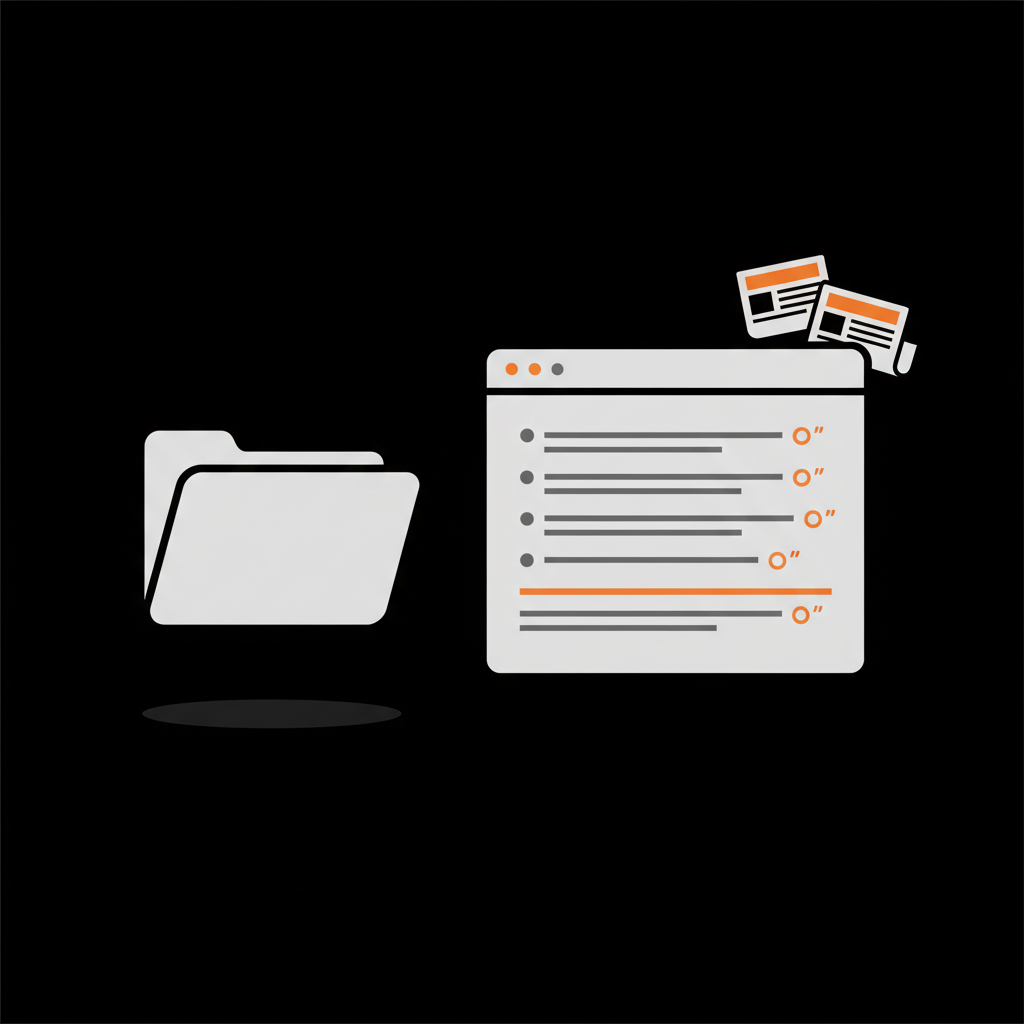 Minimal vector infographic of a tidy research folder, newspaper icons, and a browser window with citation markers on black background — create my own Wikipedia page