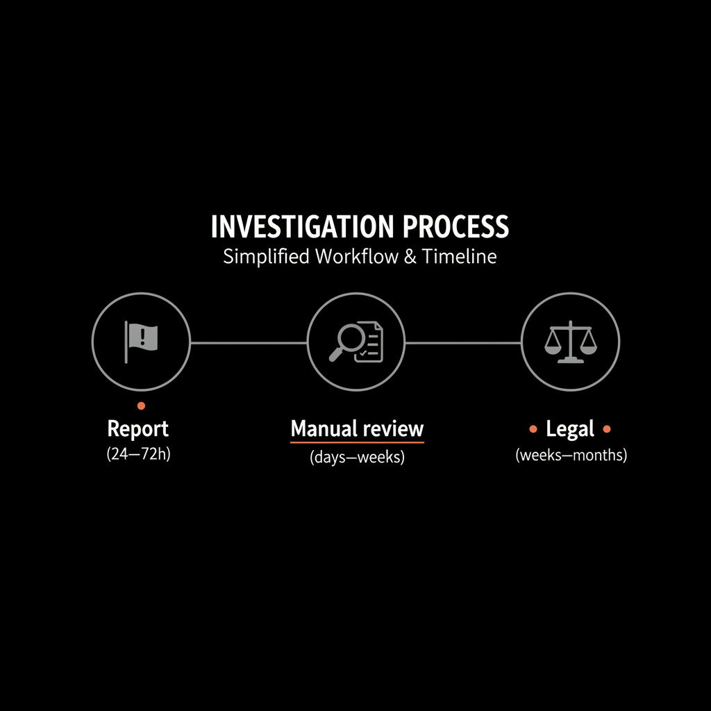 Minimal full-frame timeline infographic showing Report (24–72h), Manual review (days–weeks), Legal (weeks–months) to remove a Google review, in Social Success Hub brand palette.