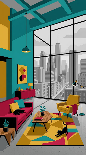 Minimalist Loft Interior with City View and Black Cats - Free mobile Wallpaper