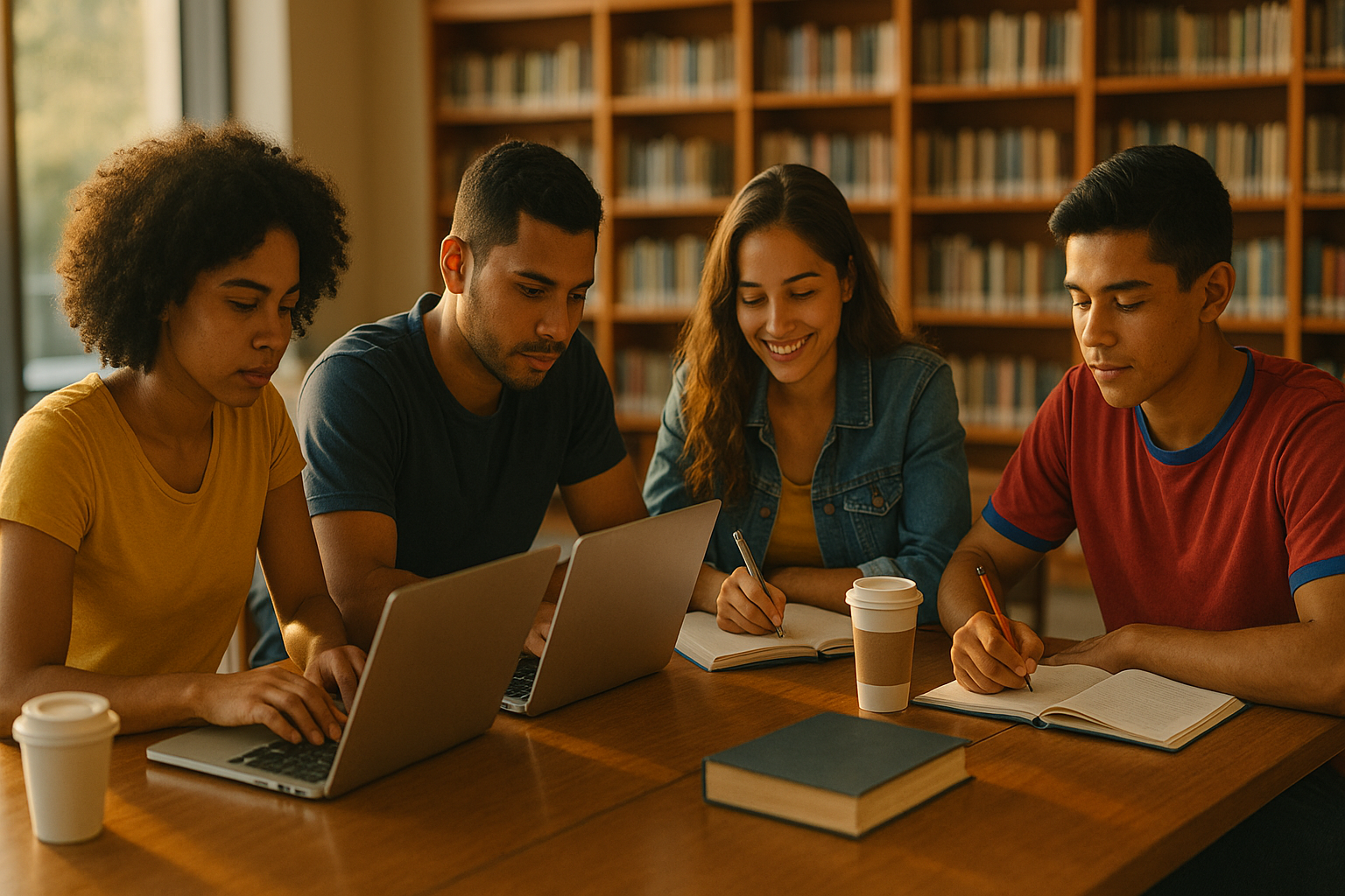 Venezolanos estudiando juntos en una biblioteca pública, laptops y cuadernos