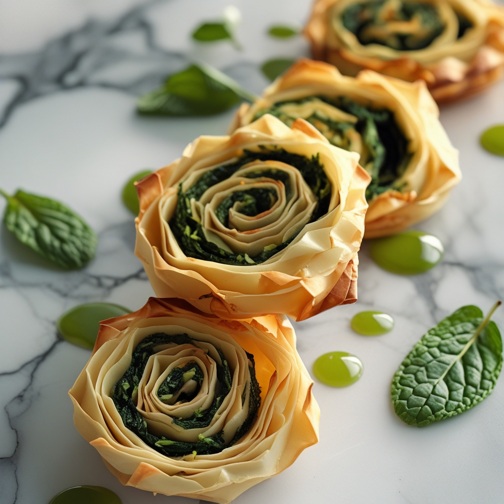 Final Crispy Savory Paneer & Spinach Filo Pinwheels with Mint-Coriander Chutney
