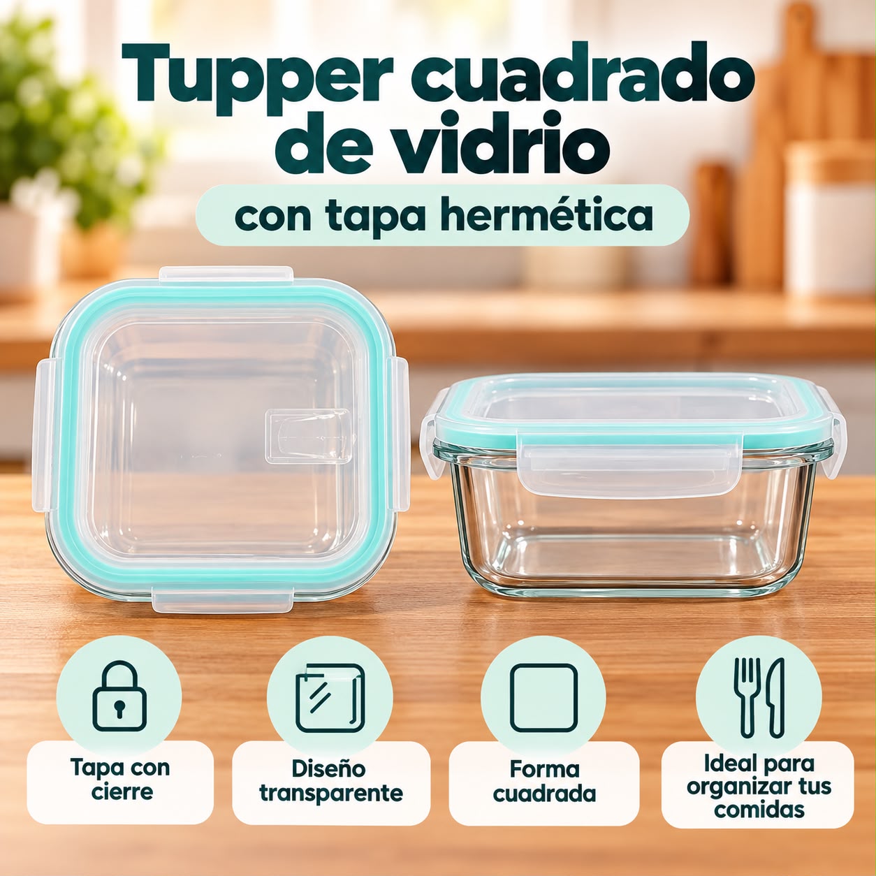 Tupper cuadrado de vidrio con tapa hermética