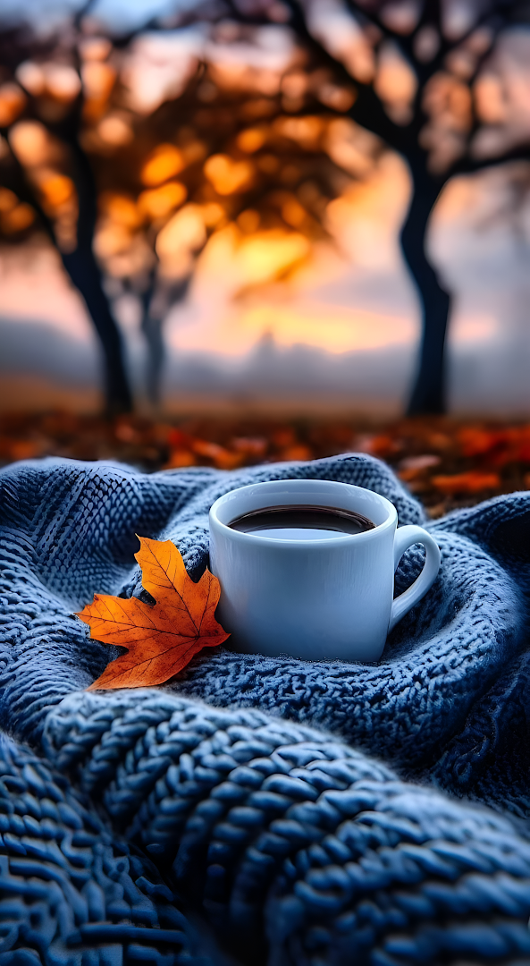 Cozy Coffee Cup on Knit Blanket with Autumn Leaf
