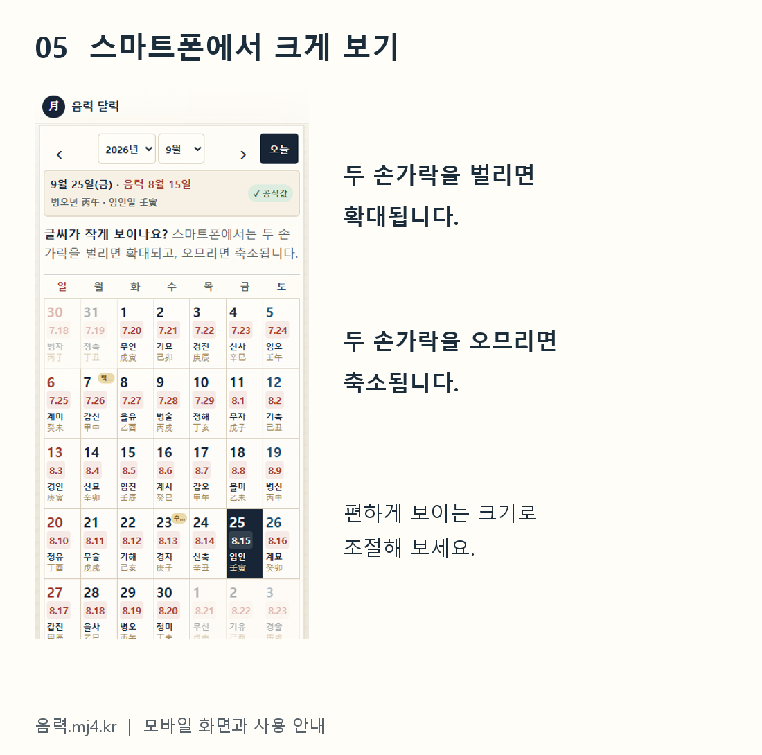 스마트폰에서 두 손가락으로 확대&middot;축소 안내