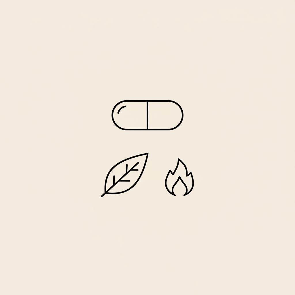 Minimal Tonum-style line illustration of a capsule, tea leaf, and small flame (capsaicin) on beige background — what is the strongest natural fat burner?