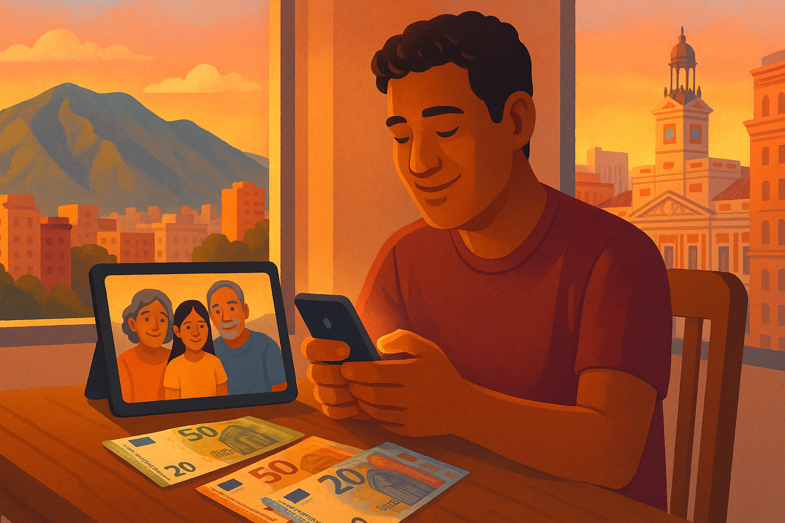 remesas a Venezuela desde España: mano con euros y fondo de Caracas