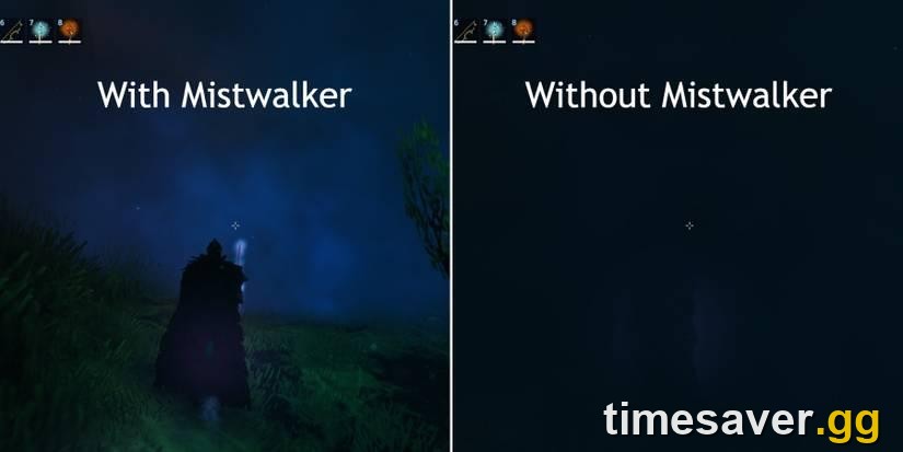 The Mistwalker sword's light effect clearing the fog in the Mistlands biome in Valheim, shown side by side with the mist intact