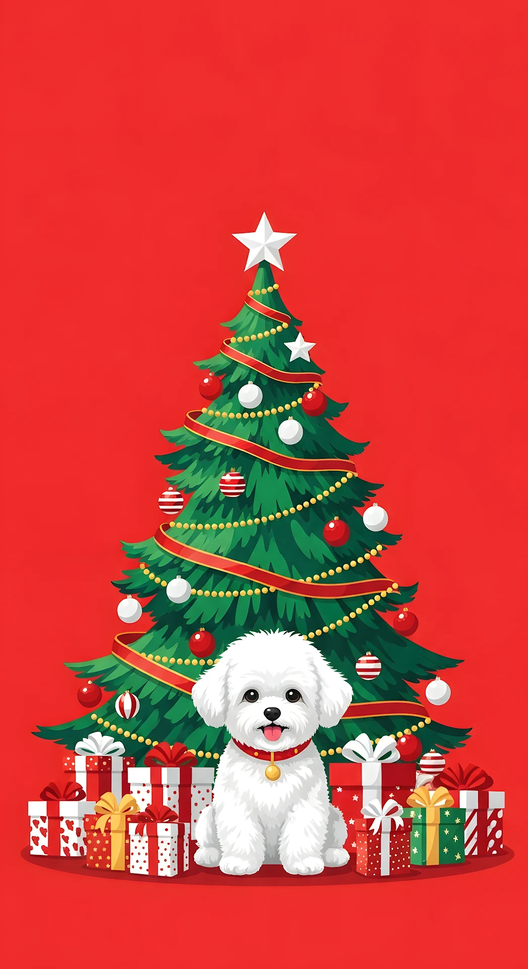 Fluffy White Puppy Christmas Tree Festive Illustration - Free 4K mobile Wallpaper