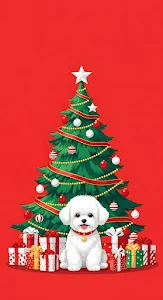 Fluffy White Puppy Christmas Tree Festive Illustration