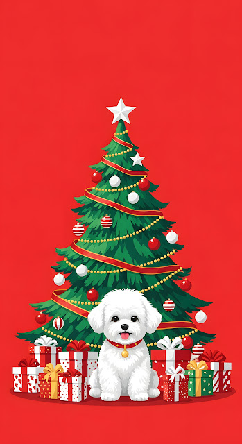 Fluffy White Puppy Christmas Tree Festive Illustration - Free mobile Wallpaper