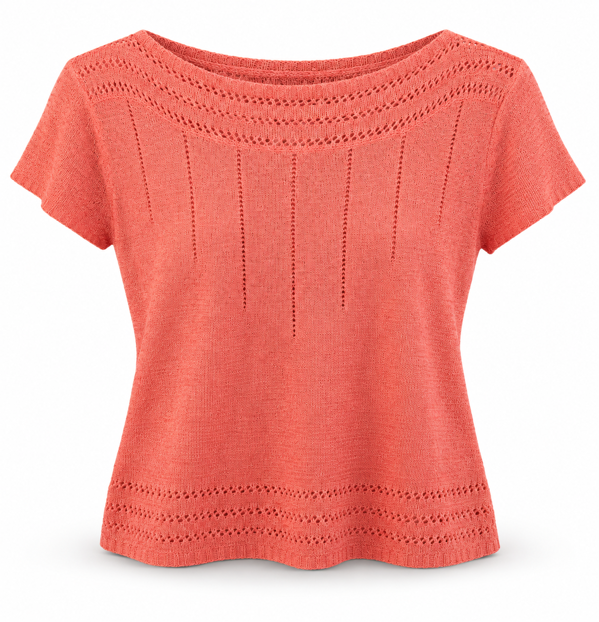 Dama - Tricou tricotat damă roz-corai cu model ajurat - M