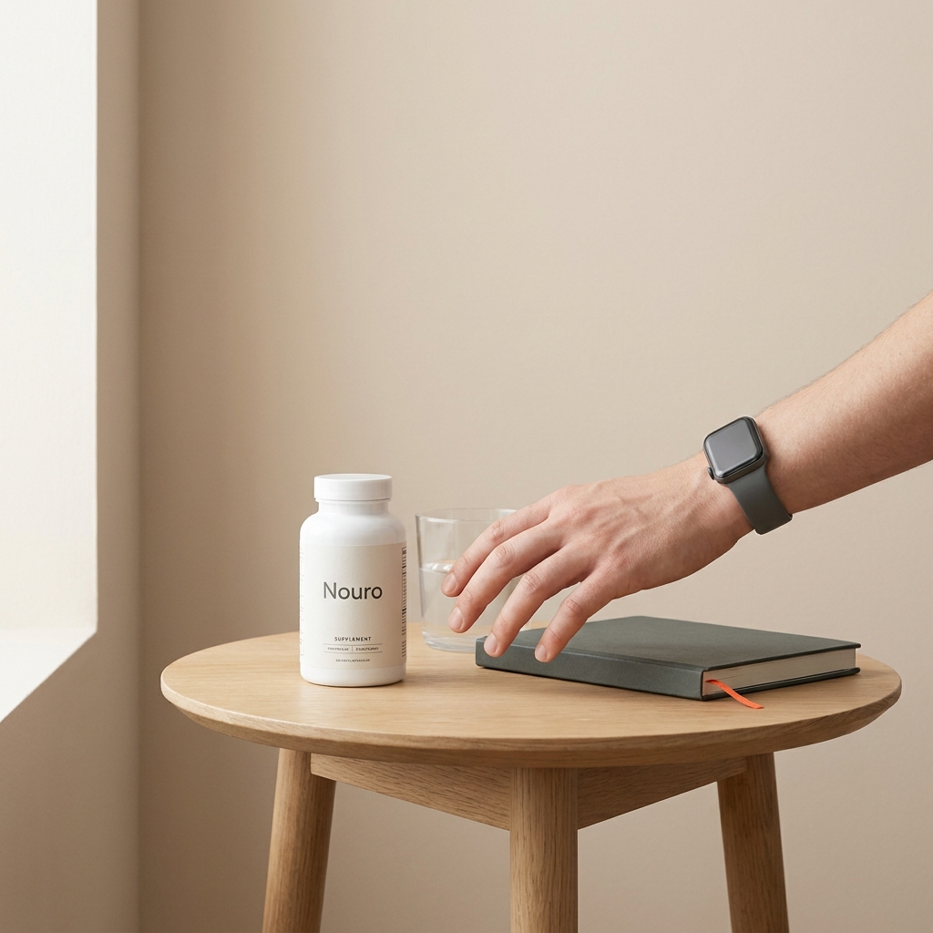 Nouro supplement bottle on bedside table next to glass of water and notebook in soft clinical light illustrating a calm daily routine for mild cognitive impairment support