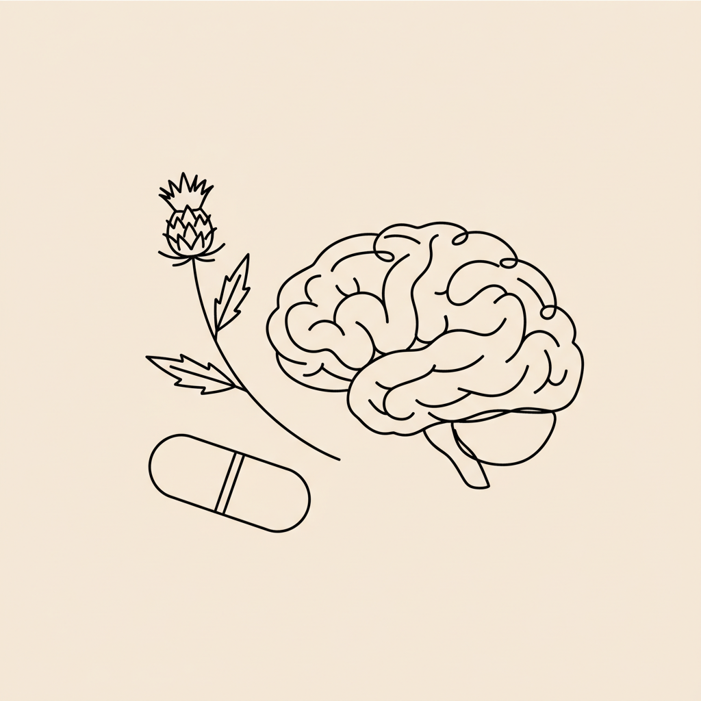 Minimal vector line illustration of a capsule, stylized brain outline, and milk thistle sprig on a beige background, evoking BrainMD supplements and brain health.