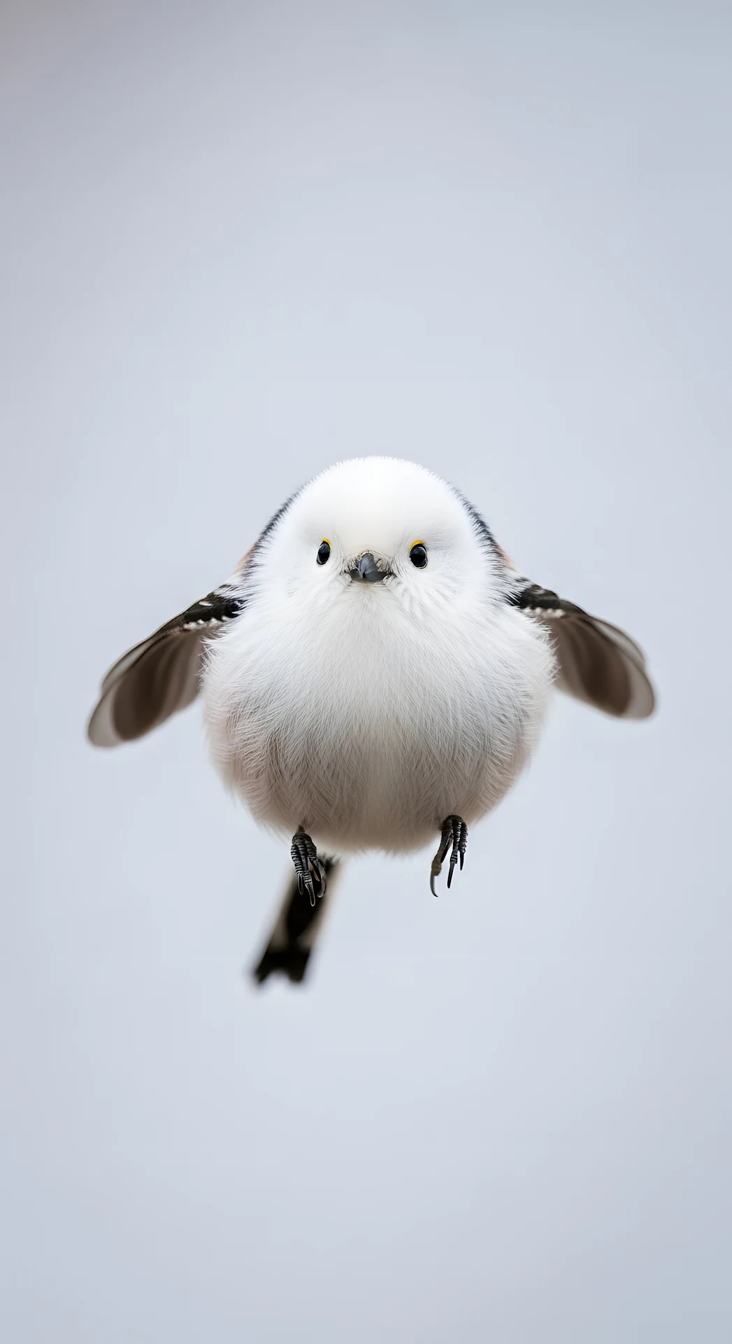 Adorable Close-up Macro Photo of a Fluffy White Long-Tailed Tit Bird in Mid-Flight Against a Soft Background - Free 4K mobile Wallpaper