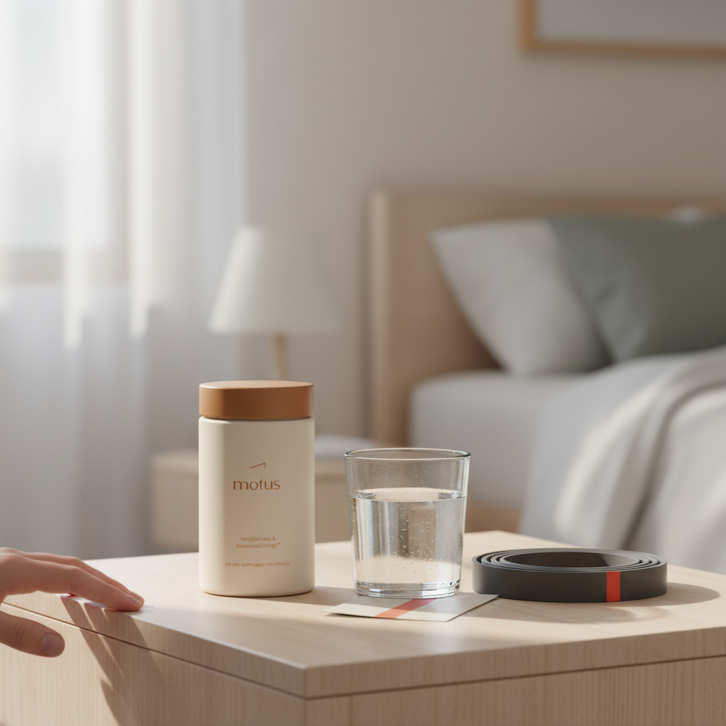 Will taking estrogen help me lose weight? Tonum Motus jar on bedside table beside a glass of water and folded exercise band in a minimalist morning routine scene.