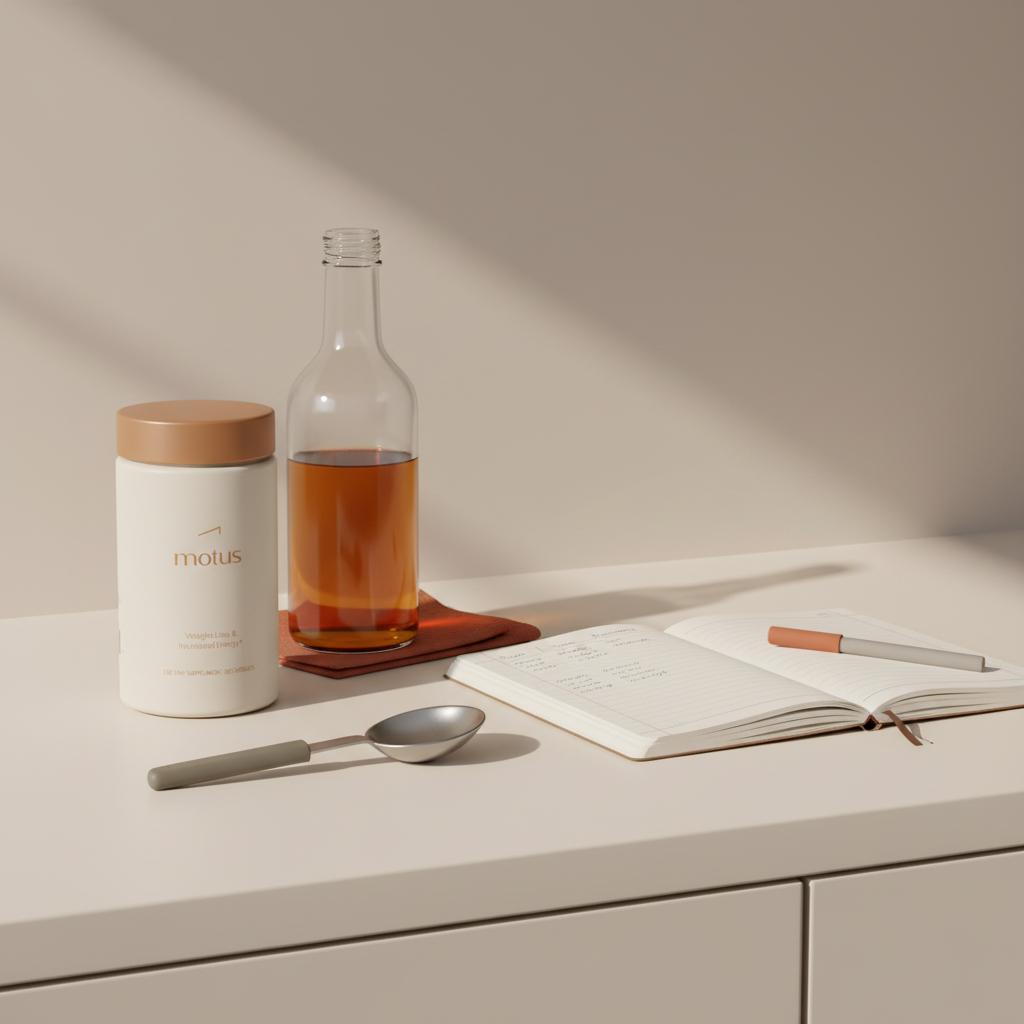 Minimalist kitchen counter with apple cider vinegar, measuring spoon, glucose log notebook and Tonum Motus supplement — how to lower a1c naturally