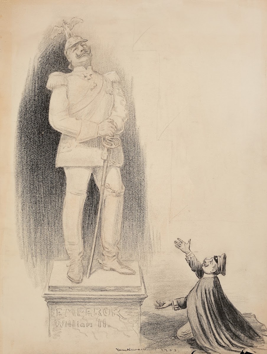 A man bows down to a statue of Emperor William II of Germany and Prussia 1903