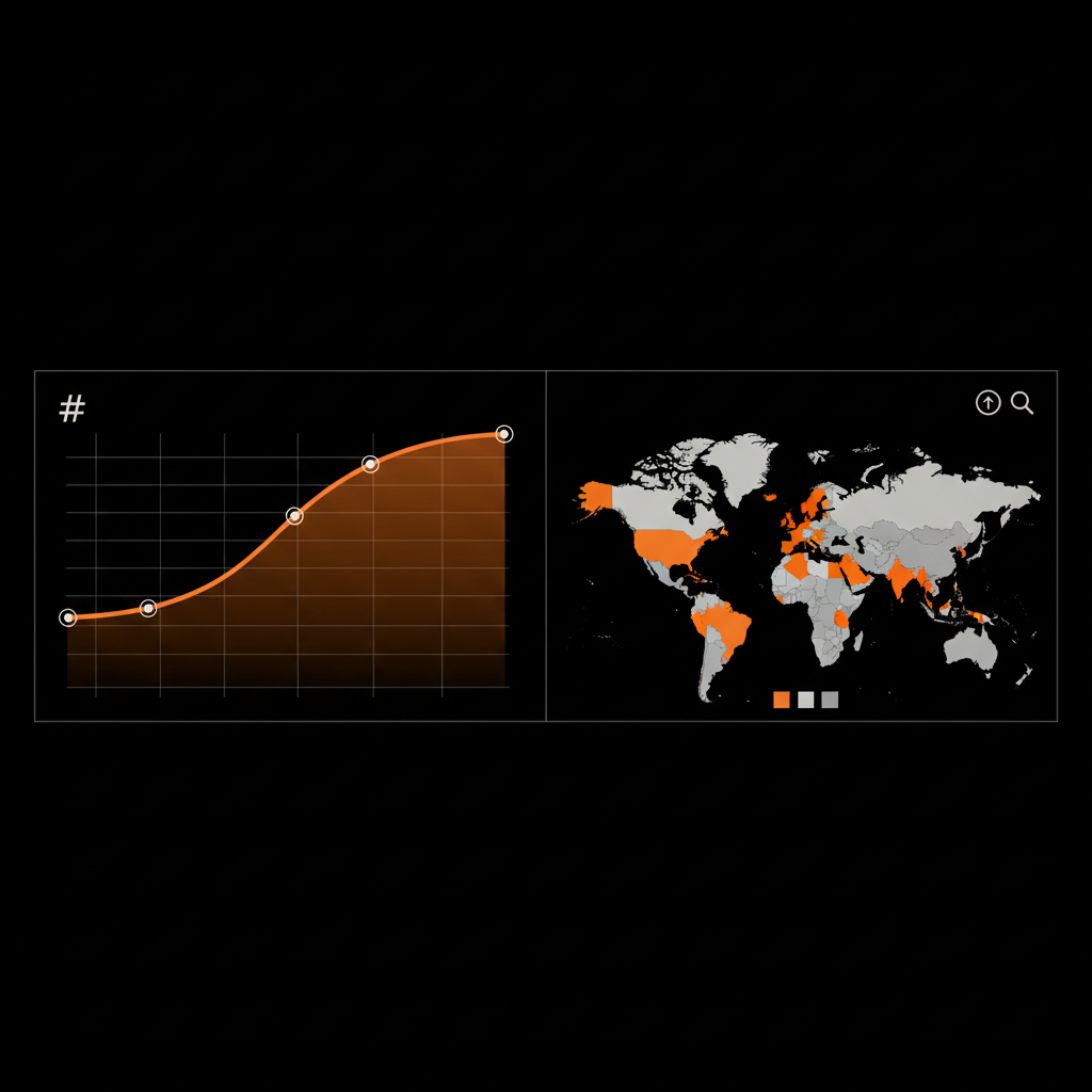 Minimal 2D vector infographic of a hashtag volume-over-time line chart and a world map heatmap in brand colors, illustrating Twitter trends.