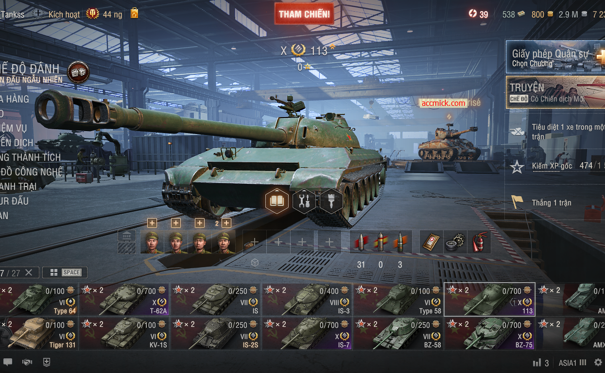 Acc World of Tanks PC gồm 6 tank X BZ-75, 113, IS-7, T-62A,...