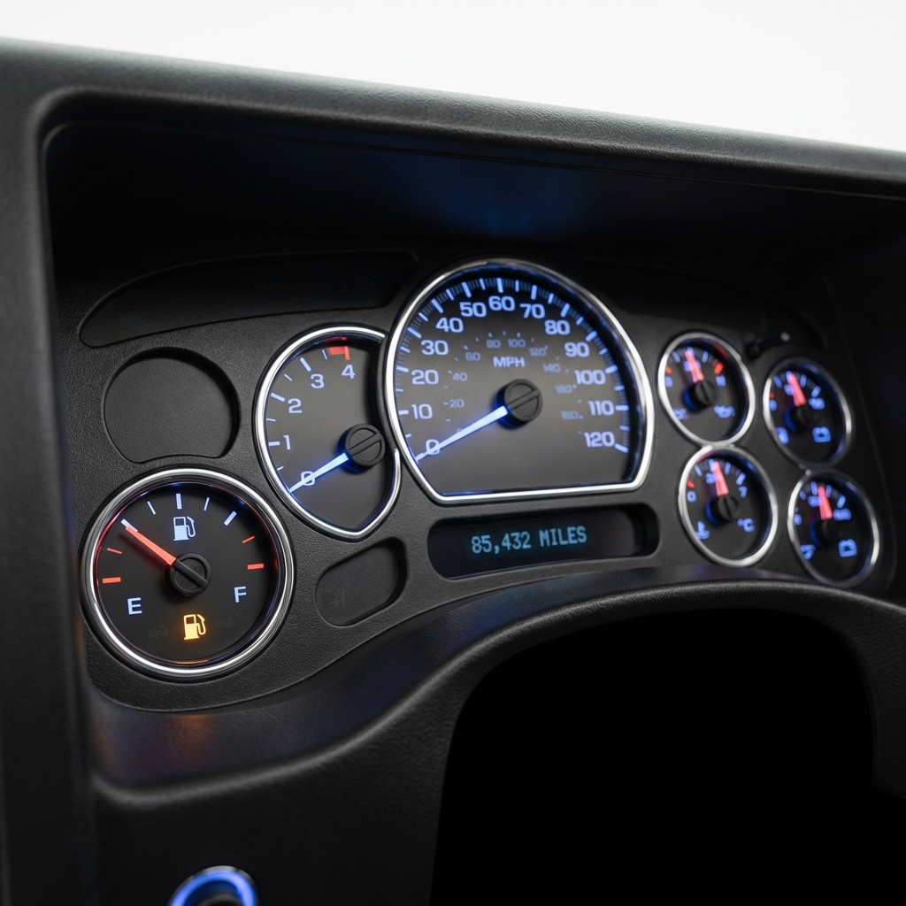 Close up of Hummer H2 instrument cluster and fuel gauge showing low fuel needle hummer h2 for sale clean white background with CarFax Deals blue accents