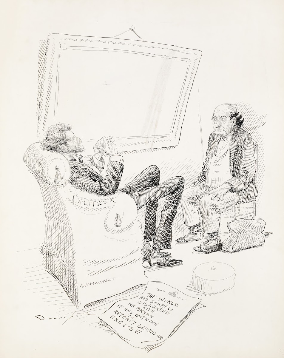 Newspaper publisher J Pulitzer sits with William Jennings Bryan who is frowning