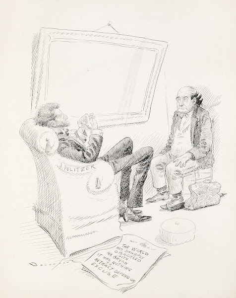 Newspaper publisher J Pulitzer sits with William Jennings Bryan who is frowning