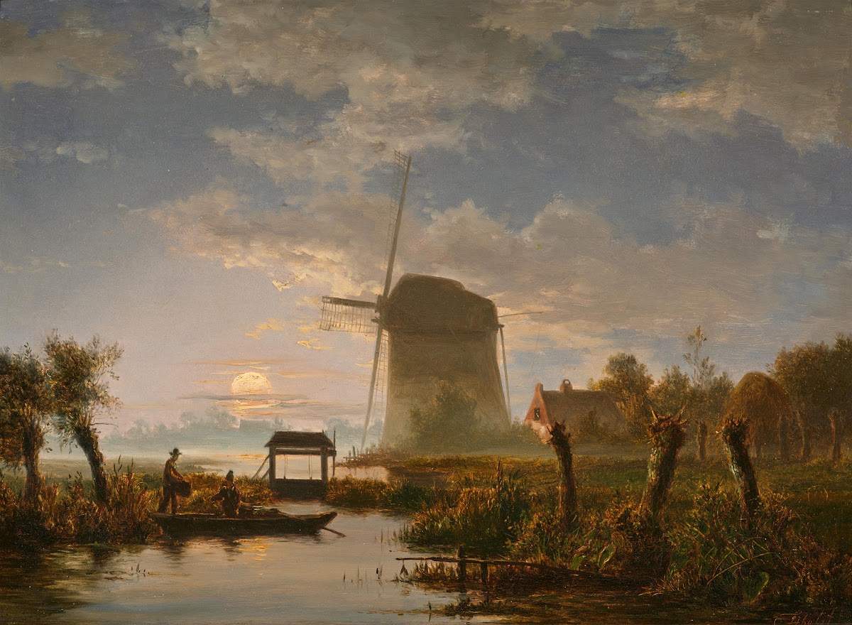 Mondbeschienene Flusslandschaft mit einer Windmühle und einer Schleuse 1850