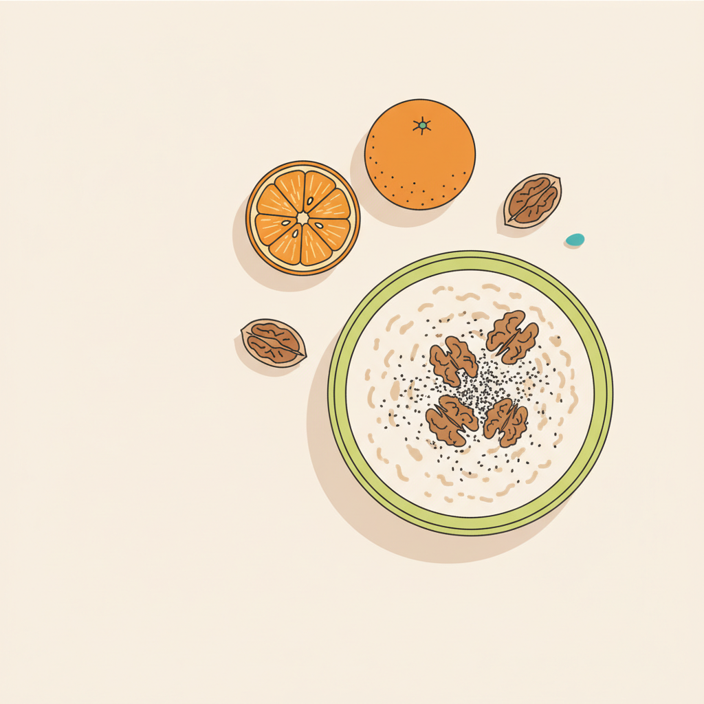 Minimalistisches 2D-Vektor-Stillleben einer Schüssel Haferbrei mit Chiasamen, Walnüssen und einer halben Orange auf pastelligem Hintergrund – Lebensmittel für gesundes Haar