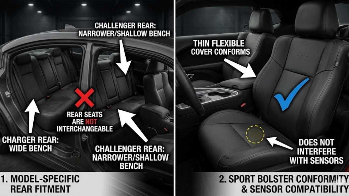 Graphic comparing Challenger and Charger rear seats with semi-custom sport seat covers and sensor compatibility.
