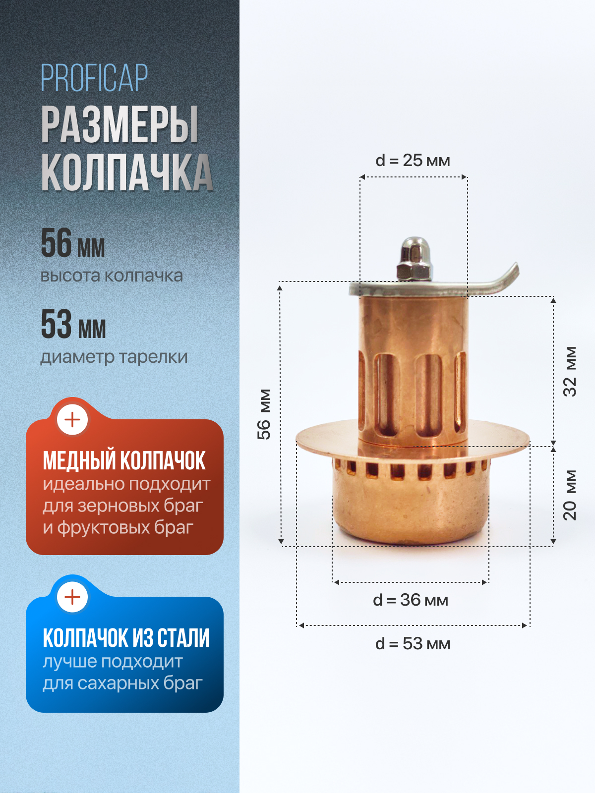 Размеры медного колпачка — высота 56 мм, диаметр тарелки 53 мм