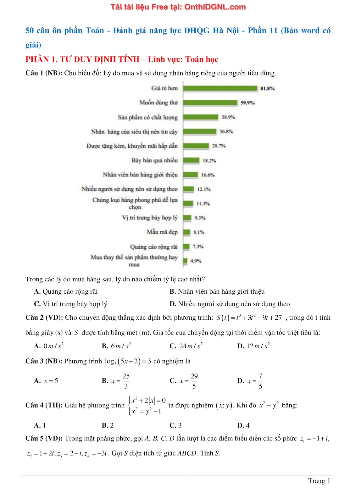 1300 bài tập môn Toán - Ôn thi ĐGNL ĐHQG Hà Nội Phần 11
