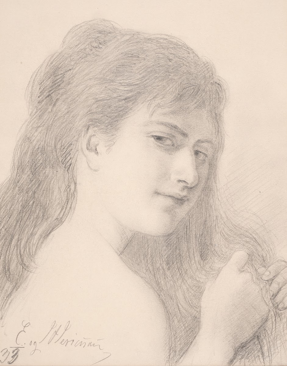 Brystbillede af en kvinde der fletter sit hår 1833