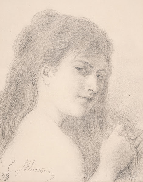 Brystbillede af en kvinde der fletter sit hår 1833