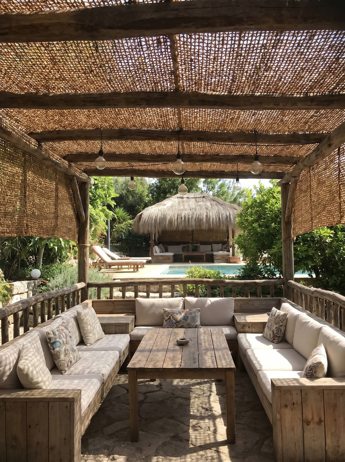 Rustic resort lounge with coir shade panels and poolside cabana view