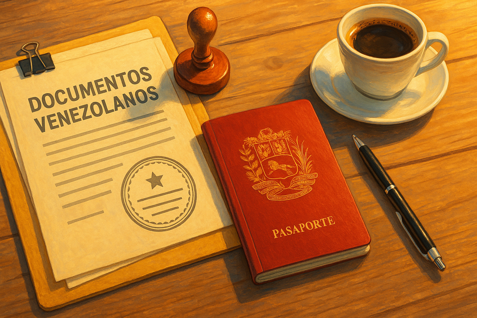 Carpeta de trámites con pasaporte y documentos para apostillar documentos venezolanos en el exterior