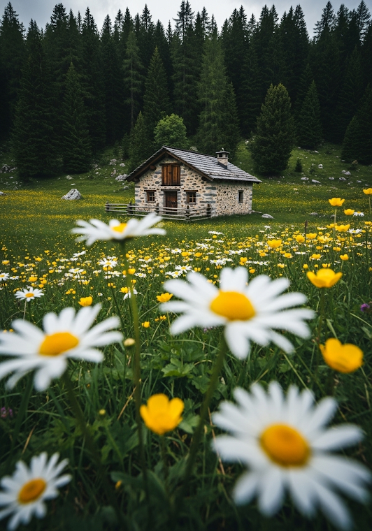 Rustic Cabin in Wildflower Meadow