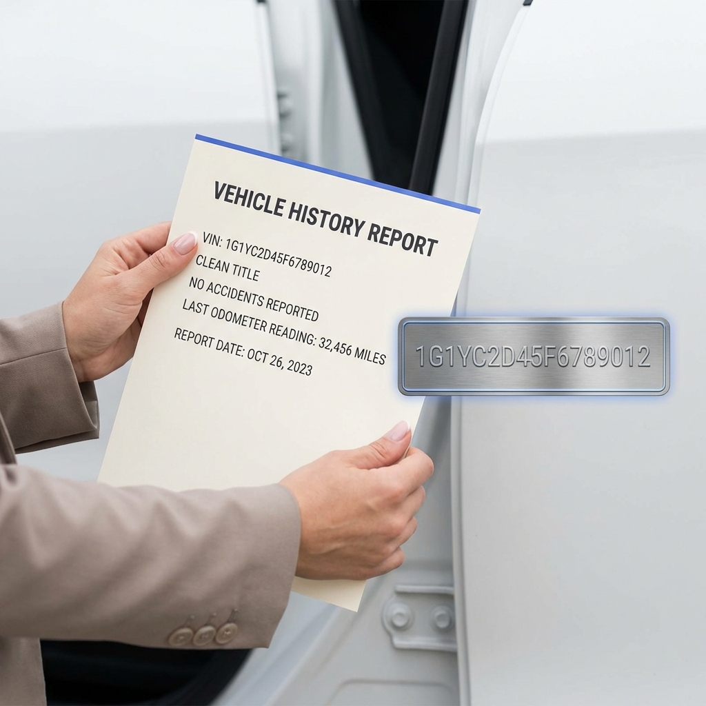 Close up of hands holding a vehicle history report next to a car VIN plate with VIN visible audi q5 for sale