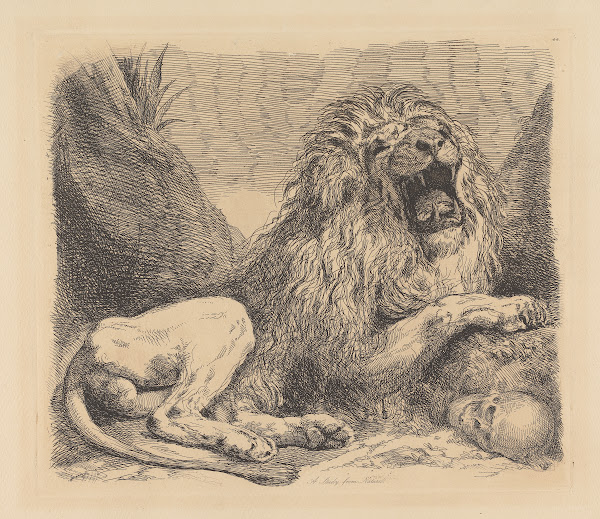 A Study from Nature a lion among rocks roaring a human skull lower right 1820