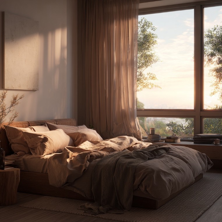 아침 햇빛이 들어오는 침실